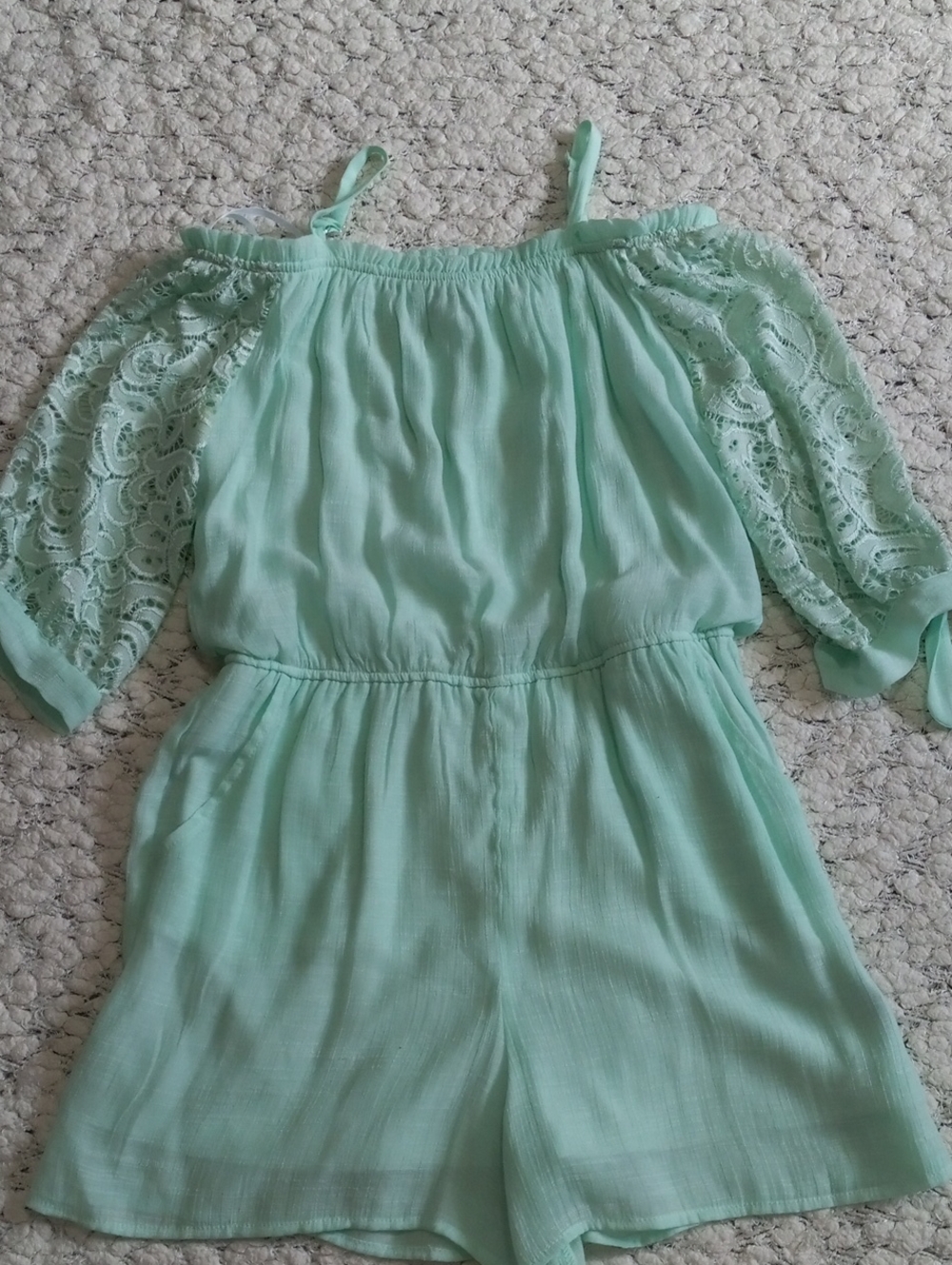 By By Girl Mint Green Lace Sleeve Off-Shoulder Romper Size XL 16